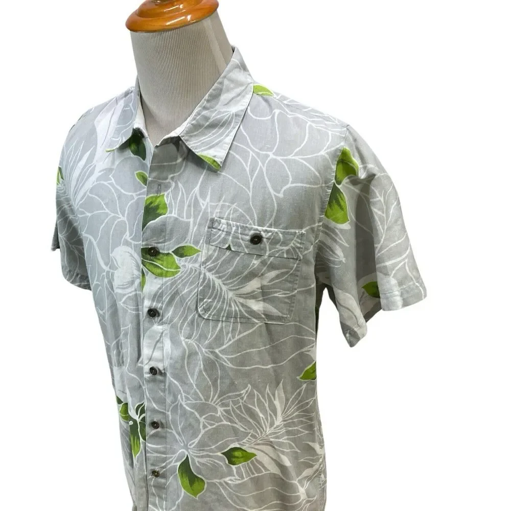 Toes On The Nose Button Up Shirt M Gray Green Floral Hawaiian Aloha Camp Mens‎
